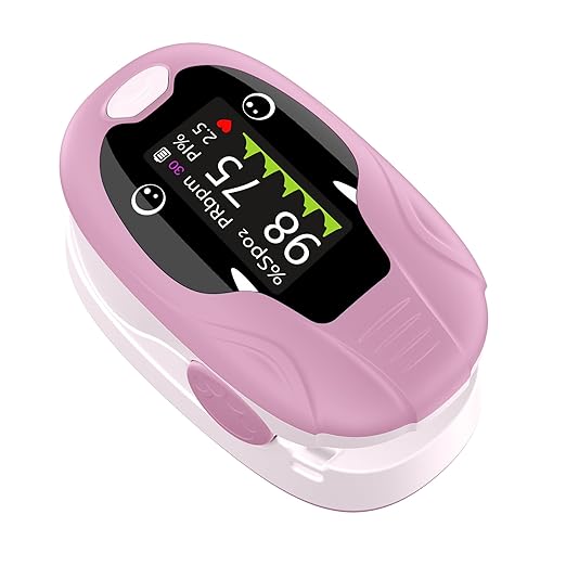 Kids Fingertip Pulse Oximeter for Children Age 2+, Blood Oxygen Saturation Monitor SpO2 & Pulse Rate, Fast Reading with Memory Function, Adjustable Brightness, Batteries Included, Pink