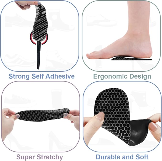 Dr.Foot Arch Support Shoe Inserts for Plantar Fasciitis Relief, Self-Adhesive Arch Pads Heel Cushion for Flats, Heel Pain, Gel Arch Insoles for Men and Women 2 Pairs (Black, Small)
