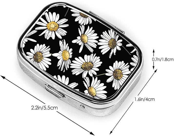 Pill Case Pill Box with Mirror Silver Pocket 2 Compartment Medicine Case Vitamin Pill Organizer for Pocket Purse and Travel Gifts - Floral Chamomile Or Daisy Flowers Black