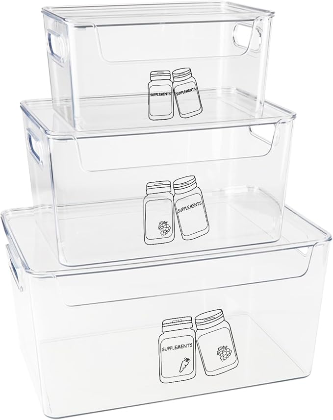 3 Pieces Supplement Bottle Organizer, Clear Plastic Vitamin Organizer with Lid and Handle, Stackable Pill Bottle Organizer, First Aid Box Empty for Vitamin, Medicine, Fish Oil & Supplements