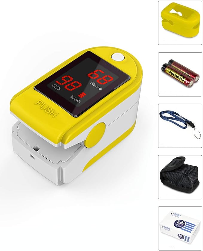 Concord Basics Fingertip Pulse Oximeter - Blood Oxygen Saturation Monitor with Carrying Case, Batteries, Silicone Cover & Lanyard - Easy to Use, Accurate SpO2 & Pulse Measurement (Yellow)