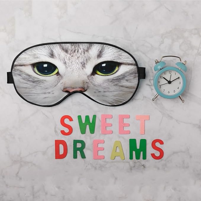 Cat Silk Eye Mask Sleep Mask Cute Funny Kitten Big Green Eyes Animal Pet Eye Mask with Adjustable Strap Lightweight for Women Work Travel Night Sleep