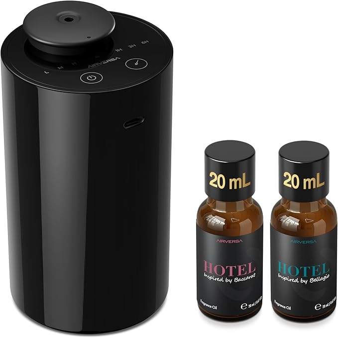 Airversa Waterless Essential Oil Diffuser Starter Kit with 2x20mL Hotel Fragrance Oils for Car Home Office, Cordless Battery Operated Scent Air Freshener Diffuser, Mist & Timers, AN6Kit-B Black