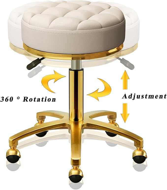 Rolling Stool Gold Vanity Stool with Wheels, Pedicure Massage Roller Stools, PU Leather Round Swivel Salon Spa Chair, Titanium Gold Base, Height Adjustable 43-55 cm (Off White)