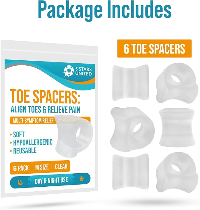 5 STARS UNITED Big Toe Spacers for Men & Women – 6 Gel Separators for Overlapping & Curled Toes, Bunions, Alignment - Diabetic Foot Care, Silicone Spreader, Corrector & Straightener, Clear