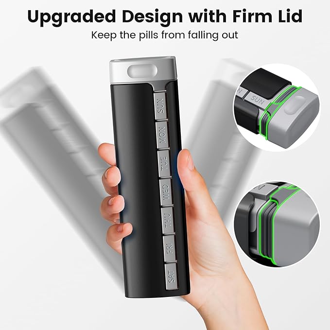 Daviky Travel Pill Organizer - Premium Aluminum 7 Day Weekly Pill Organizer, Daily Pill Case Spill Prevention, Stylish Pill Holder 7 Day Capacity for Medicine, Supplements and Vitamins (Black)