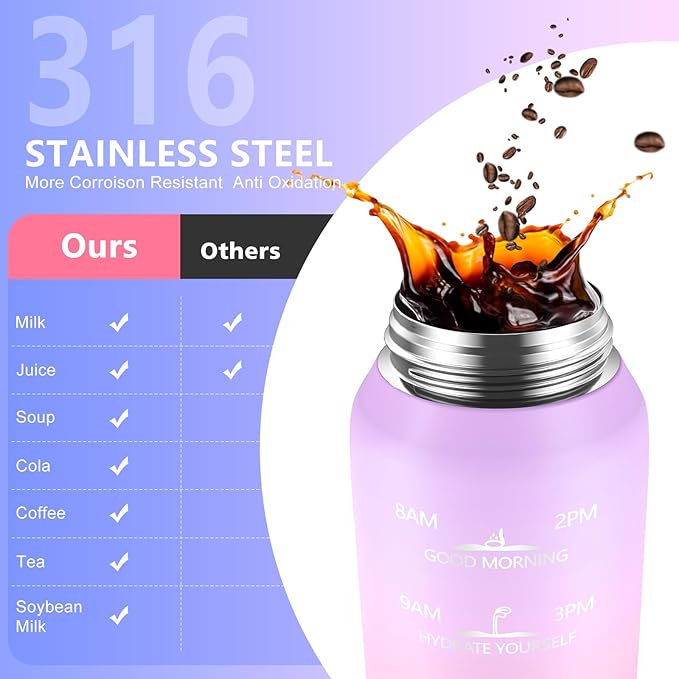 24oz Insulated Water Bottle 18/10 Stainless Steel with 2Lids(Straw Lid& Spout Lids), 700ml Double Wall Vacuum Water Bottle with Handle Keep Cold and Hot for Men, Women & Kids PURPLE PINK