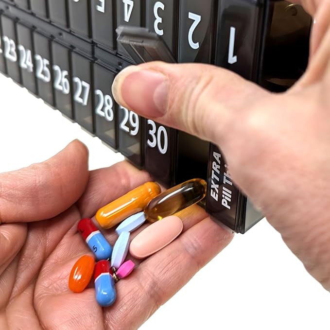 AM/PM 31 Day Once-a Day Monthly Pill Planner Organizers - Large Compartment Pill Boxes Store Medications for Entire Month Plus Compartment for Extra Pills (AM/PM) (Black & Purple)