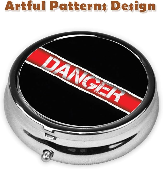 Metal Pill Organizer - 3-Compartment Mini Round Pill Case for Pocket & Purse, Portable Vitamin Holder, Easy-Open Design for Travel - Danger