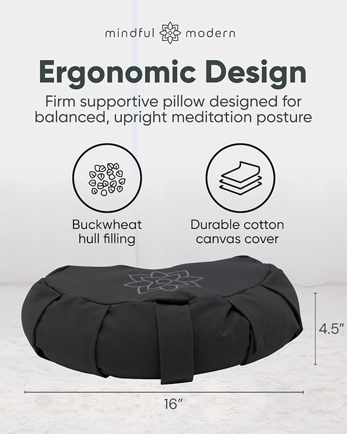 Mindful & Modern Large Meditation Cushion | Zafu Yoga Bolster Meditation Floor Pillow Seat | Buckwheat Hull Filled Crescent Shaped Cushion with Removable Washable Cover + Carry Handle (Minimal Black)