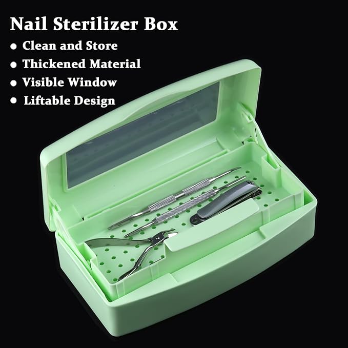 Nail Tool Sterilizer Box Plastic Disinfectant Container for Nail Art Accessories Tools, Sterilizer Soaking Box with Strainer Pedicure Manicure Cleaning Equipment, Green