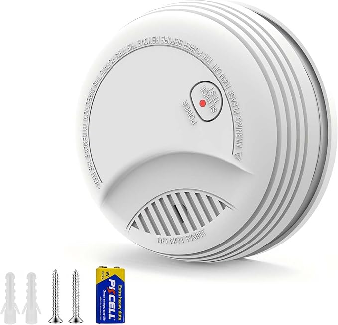 1 Pack Photoelectric Smoke Detector with 9V Battery Included Smoke Alarm, 10-Year Sensor, Test/Silence Button, Low Battery Warning, Easy Mount, Fire Alarm for Home Bedroom Living Room