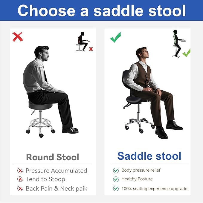 Upgrade Saddle Stool with Back Support, 400lbs Adjustable Salon with Wheels, Wide Thick Seat Padding, Ergonomic Esthetician Seat for Home Office Salon Shop Dentist Clinic, for People 5 Ft To6 Ft Tall