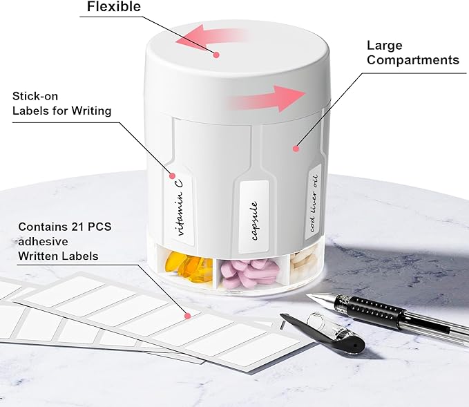 Betife Extra Large Supplement Organizer,Weekly Pill Organizer Bottle, Daily Pill Dispenser with 7 Large Compartments, Organizer to Hold 7 Day Vitamin Medication,21 Labels and a Cleaning Brush（White）