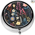 Pill Box 3 Compartment Pocket Small Pill Organizer Mini Metal Pill Holder Travel Portable for Man Woman, Black Flowers