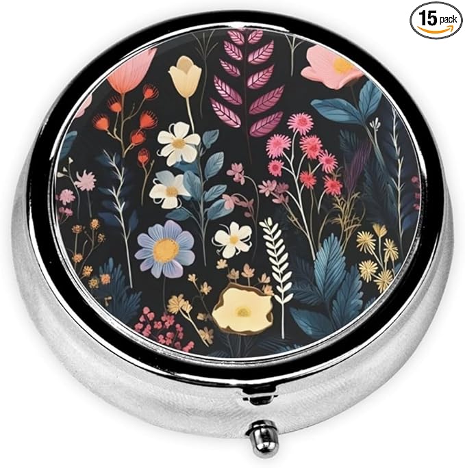 Pill Box 3 Compartment Pocket Small Pill Organizer Mini Metal Pill Holder Travel Portable for Man Woman, Black Flowers