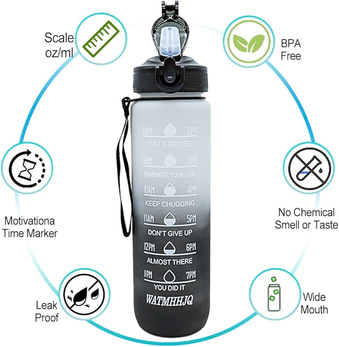 32oz Sports Water Bottle Outdoor, with Drinking Time and Capacity Labels, Sport Water Cups with Straw,BPA Free Leak Proof,for Fitness Gym Running Climbing(Grey black)