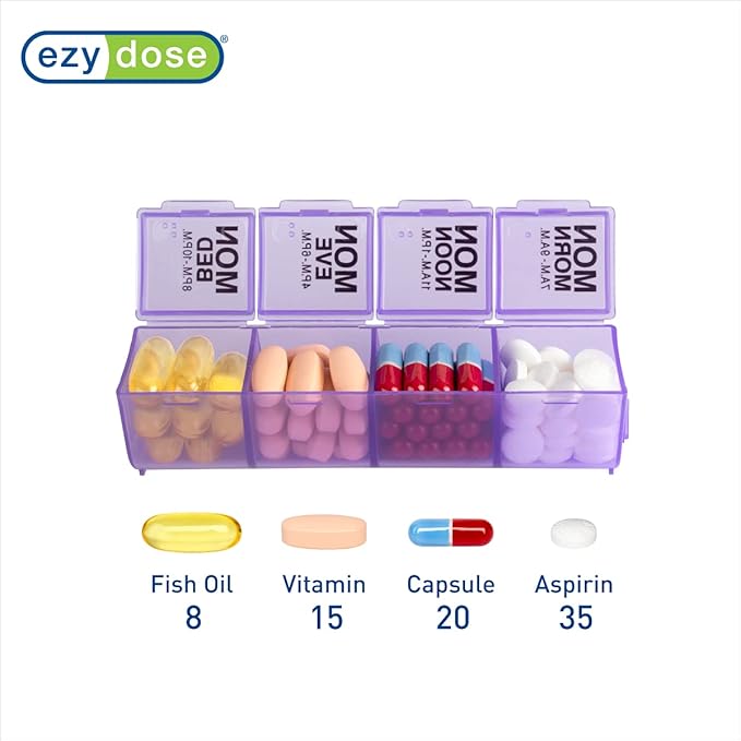 Ezy Dose Weekly (7-Day) Pill Organizer, Vitamin and Medicine Box, Large Pop-Out Compartments, 4 Times a Day, Purple (Pack of 2)