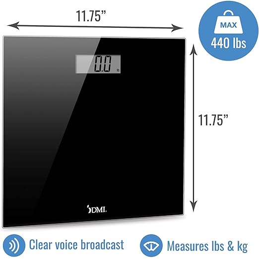 DMI Digital Talking Bathroom Scale, Sleek Tempered Glass, Clinically Accurate Measurements, Large LCD Screen, 440 lb. Weight Capacity