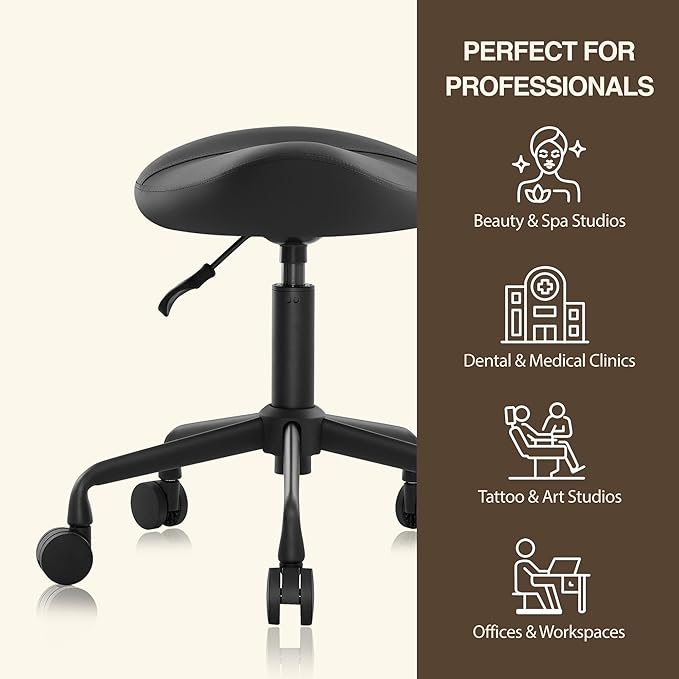 Ergonomic Saddle Seat Adjustable Pneumatic Hydraulic Drafting Swivel Rolling Stool Chair for Medical Hygienic SPA Massage Salon Home and Office - Hilo 508 (Black, Standard)
