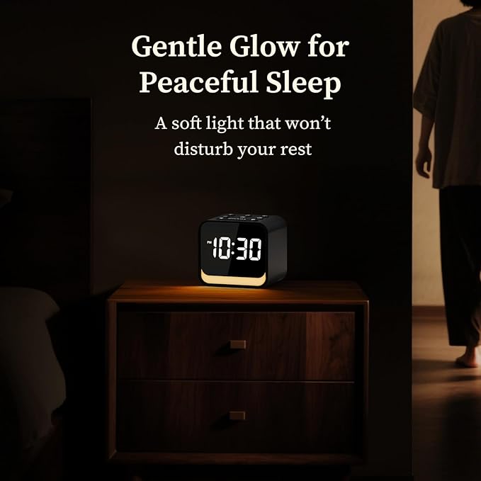 HOUSBAY Wooden Sound Machine Alarm Clock for Bedrooms - Gentle Wake-Up with Birdsong, White Noise for Sleeping, Small Digital Clock for Phone-Free Routine - Charcoal Wood