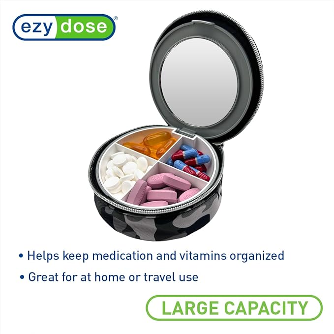 EZY DOSE Travel Pill Organizer with Built-in Mirror, Features Zippered Camo Case, Compact and Portable Medication Case for Daily Vitamins, Pills, and Medicine, Ideal for Travel and On-The-Go Use