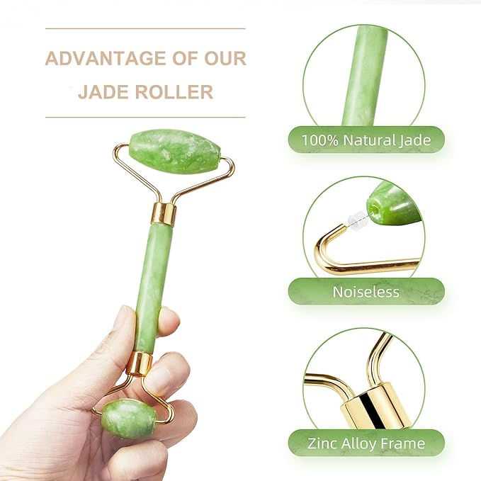 AECW 3-in-1 Natural Stone Jade Roller and Gua Sha Set for Face and Eye Ice Roller Facial Cooling Massage Roller