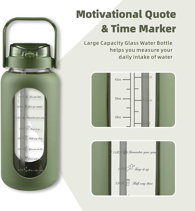 Glass Water Bottle with Straw and Handle Lid Half Gallon Motivational Glass Bottle with Silicone Sleeve and Time Marker Large Reusable Sports Water Jug for Gym Home Workout
