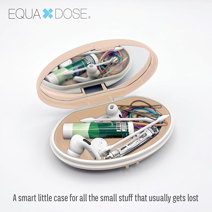 EQUADOSE Oval Compact Pill Case, Portable Organizer with Mirror, Travel Medication Holder with Removable Divider, Small Storage Case for Pills, Vitamins, Earbuds, Jewelry & Daily Essentials, Peach