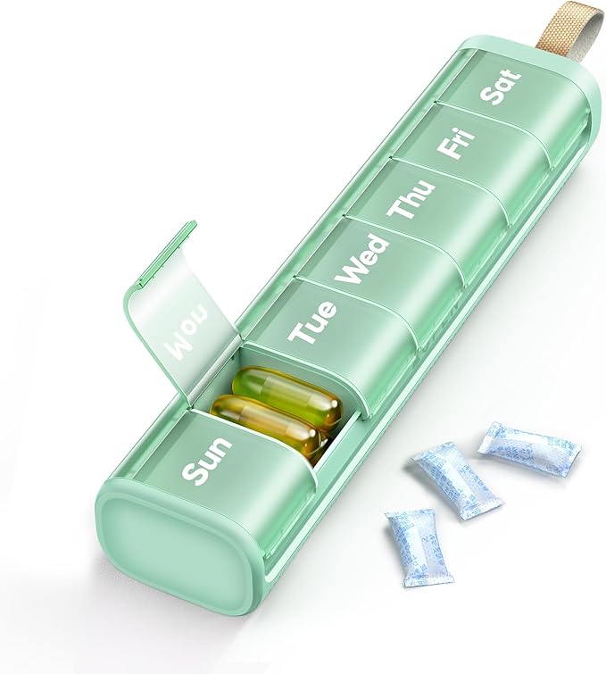 Weekly Pill Organizer, 7 Day Pill Box with Moisture-Proof Desiccant Chamber, Compact Daily Medicine Pill Case, Easy Open, Portable Handle for Vitamins & Supplements