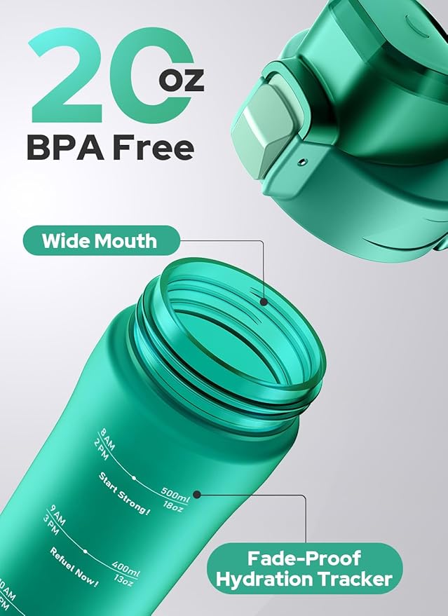 Opard 20oz Plastic Water Bottle Dishwasher Safe, Leakproof Flip-Top Lid, BPA Free Tritan, Wide Mouth Reusable Kids Water Bottle for School Hiking Commuting Outdoor Travel and Gym(Louise Turquoise)