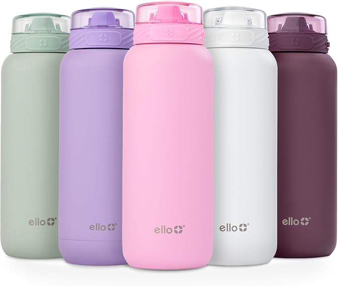 Ello Cooper 40oz Stainless Steel Water Bottle with Straw and Carry Handle, Double Walled and Vacuum Insulated Metal, Leak Proof Locking Lid with Soft Silicone Spout, Reusable, BPA Free, Bubblegum