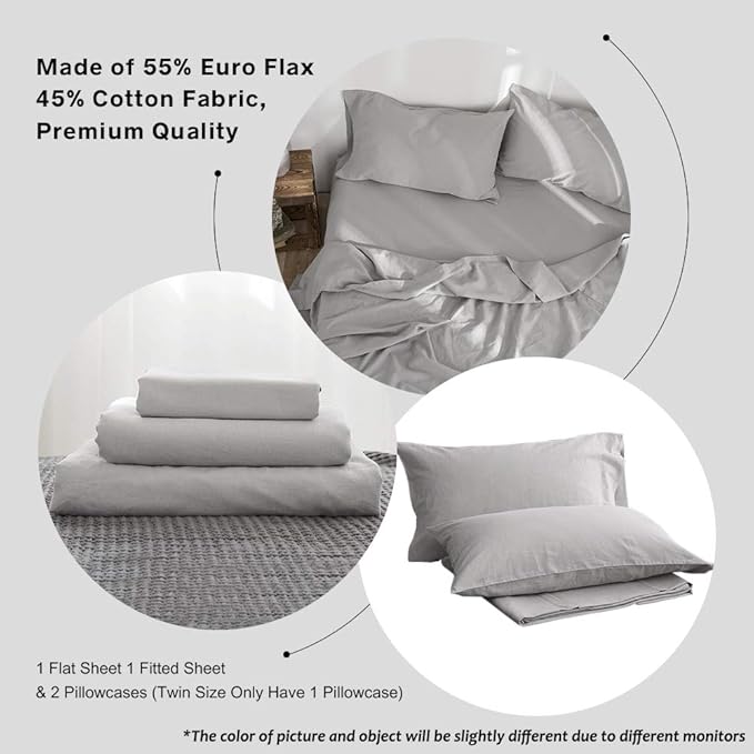 Simple&Opulence Belgian Linen Sheet Set Solid Color - 4 Pieces (1 Flat Sheet, 1 Fitted Sheet & 2 Pillowcases) Natural Flax Cotton Blend Soft Breathable Farmhouse Bedding - Full Size, Grey