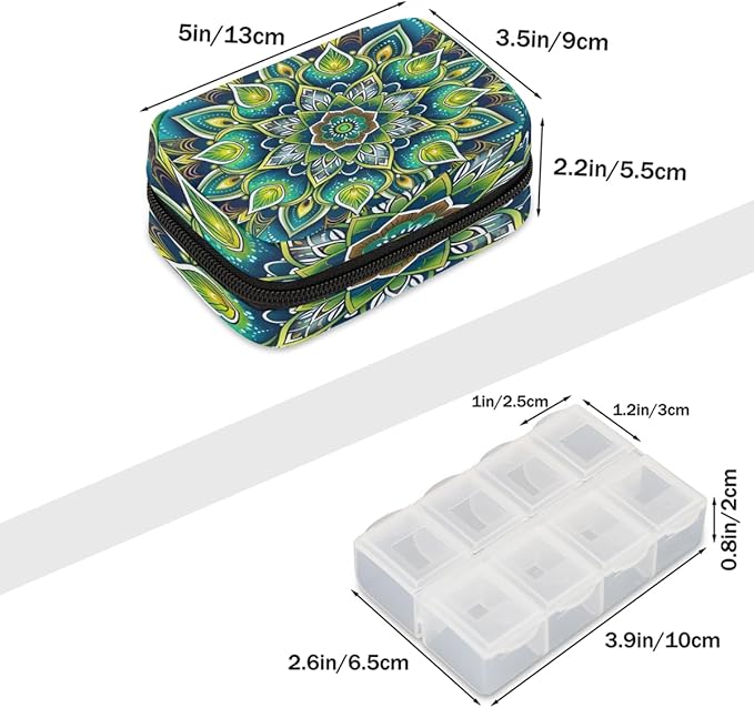 Boho Mandala Pattern Pill Case Everyday Travel, 7 Day Weekly Medicine Pill Box Compact Portable Pills Bottle Organizer with Zipper for Daily Vitamin Medicine Holder Bottle Organizers Bag