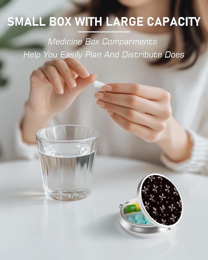Pill Box, 3 Compartment Portable Travel Medicine Box with Mirror, Compact and Cute, Fits in Purse and Pocket, Medicine and Vitamin Organizer (Love Bow)