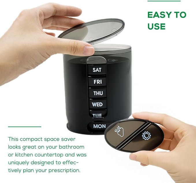 Weekly Pill Organizer (Twice-A-Day), Portable 7 Day Pill Box Case with Stackable AM/PM Compartments for Pills, Vitamin, Fish Oil, Supplements,Rainbow (Black)
