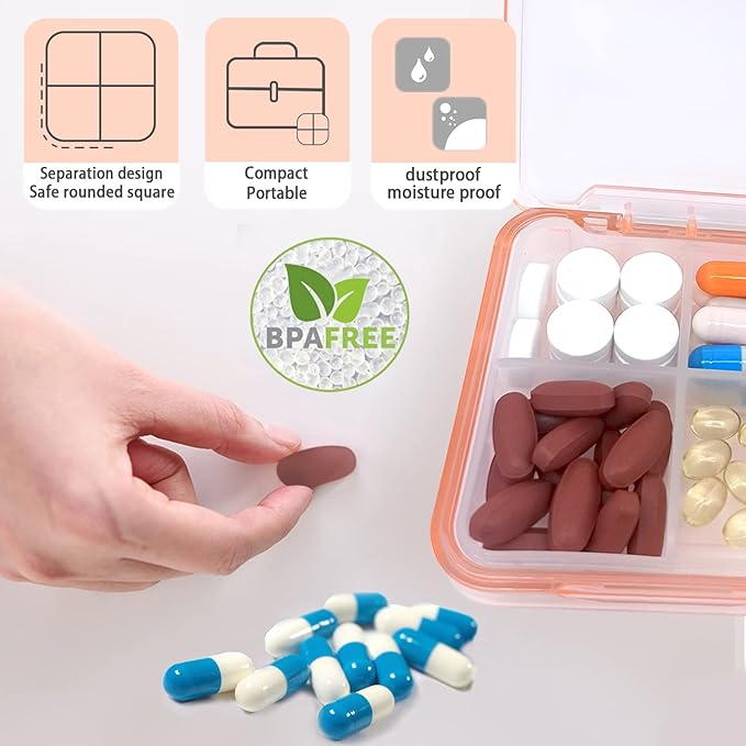 Pill Case for Pocket Travel Pill Organizer Small Pill Box Portable 4 Compartments Removable Medicine Organizer for Vitamin Fish Oil (Light Pink)