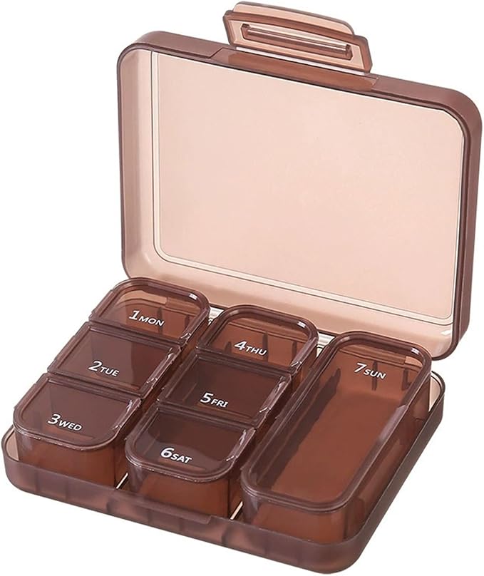 Weekly Pill Box Organiser for Pocket, Daily Medication Storage Case with 7 Compartments, BPA-Free Double Seal Waterproof, Storage for Vitamins, Fish Oil, Dietary Supplements (Brown)