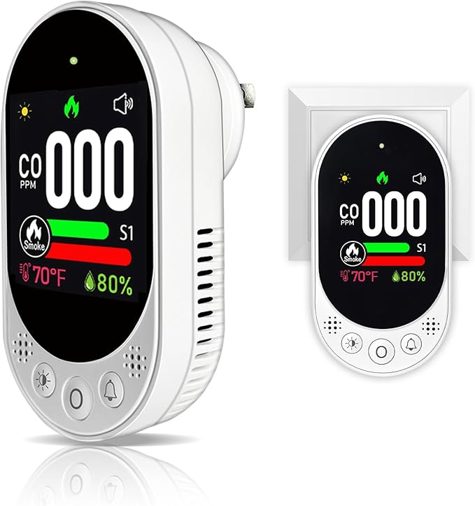 4-in-1 Plug-in Smoke & Carbon Monoxide Alarms with Digital Display Monitors CO, Smoke, Temperature, Humidity, 85dB Loud Alarm, Self-Test, Adjustable Sensitivity, for Home, Kitchen, RV