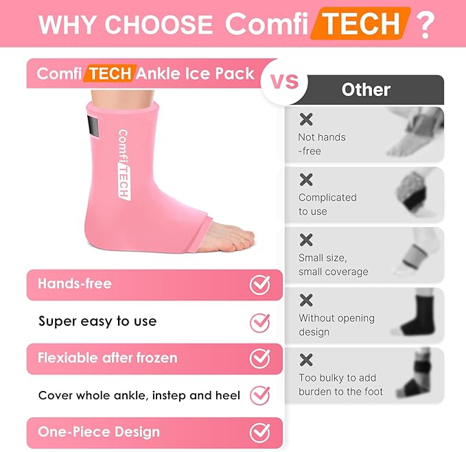 Comfitech Ankle Ice Pack Wrap Sleeve with Large Opening, Reusable Gel Cold Pad for Foot and Heel, X-Large, 2 Packs, Pink