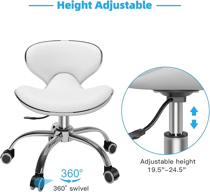 Pedicure Chair for Nail Tech,Adjustable Height, Hourglass Type Ergonomic Back Support Rolling Swivel Stool,Pedicure Stool for Feet Perfect for Massage and Salon Office Facial Spa Medical Tatoo(White)