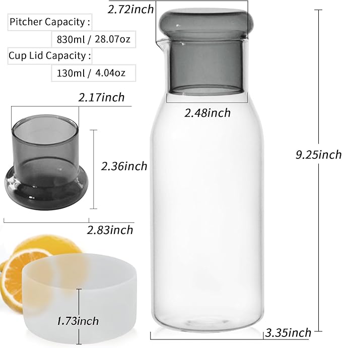 hjn Glass Pitcher Glass Water Carafe with Cup Lid, Fridge Water Jug Cold or Hot Beverages, Iced Tea, Milk, Juice 830ml/28oz & clear cup lid (Glass Pitcher-Gray cup lid)