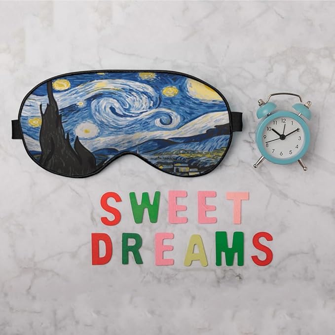 Starry Sky Sleep Eye Mask Eye Cover Van Gogh Night Sky Moon Tree Village Silk Eye Mask for Sleeping with Adjustable Strap for Travel Nap Shift Work Office