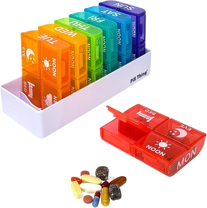 6 Times a Day, 7 Day Large Weekly Pill Organizer with Holder Tray, Vitamin, Medicine Box, Multicolor with Medical Alert Card (4X a Day - 2 Pack)