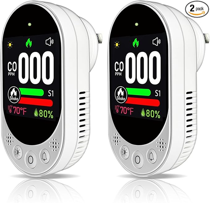 4-in-1 Plug-in Smoke & Carbon Monoxide Alarms with Digital Display Monitors CO, Smoke, Temperature, Humidity, 85dB Loud Alarm, Self-Test, Adjustable Sensitivity, for Home, Kitchen, RV, 2pack