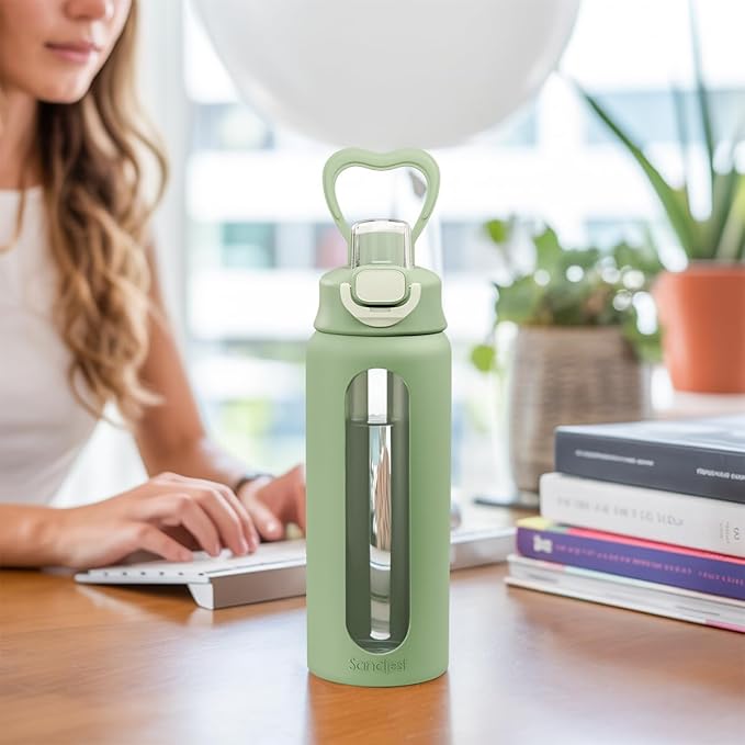SANDJEST Glass Water Bottle with Silicone Sleeve 24oz with Lid, Motivational Time Marker, Drinking Hydration Glass Bottles for Men Women, Gym Travel Sports (Matcha)