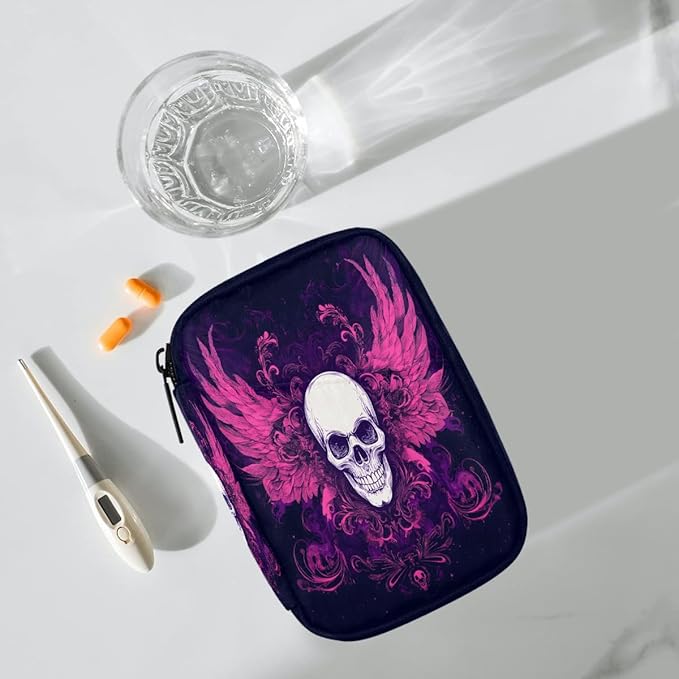 Purple Skull Cool Pill Case Travel Pill Organizer Weekly 7 Day Portable with Zipper Medicine Box Pill Case for Vitamins, Birth Control,Fish Oils,Medication, Supplements