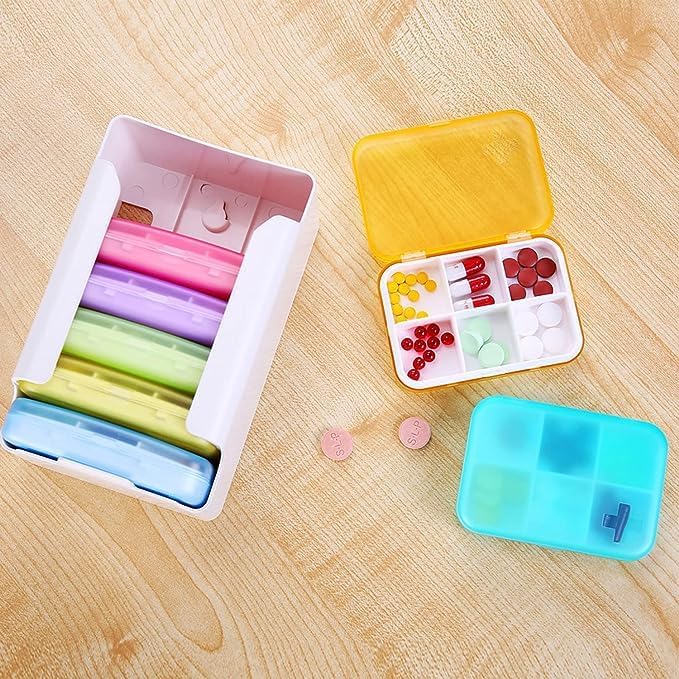 6 Times a Day, 7 Piece Set Pill Organizer-Weekly Daily Travel Medicine Multicolored Organizer,Portable 7 Day Pill Box with Moisture-Proof Pill Case Travel Pill Container for Vitamins Supplements