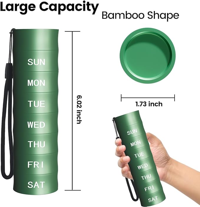 Pill Organizer, Bamboo-Shaped Portable Waterproof Pill Box, BPA Free 7 Day Medicine Pill Organizer Holder for Vitamin, Fish Oil, Supplements and Medication, Green