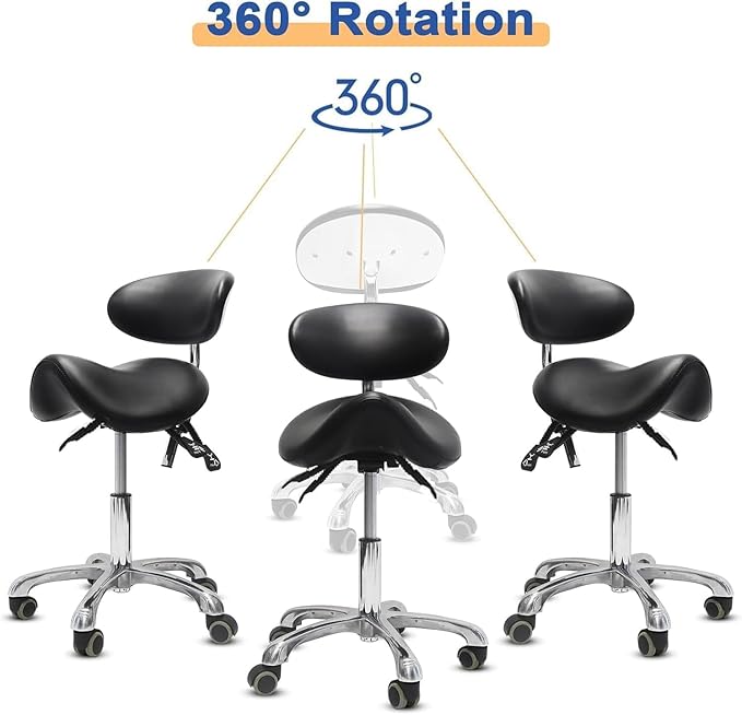 Saddle Stool with Wheels,3-Way Function Rolling Stool with Back Support,Ergonomic Stool Saddle Stool for Hair Stylist for Dentist Salon Tattoo(Black)